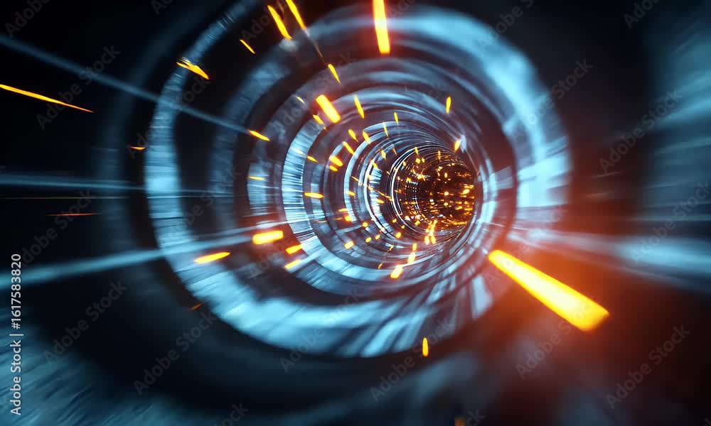 Poster abstract futuristic digital background with a glowing spiral tunnel, representing data transfer and 
