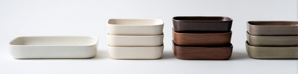 Stacked rectangular dishes in various colors
