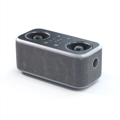 Gray rectangular audio device with silver accents.  Dual speaker design.  Control panel visible