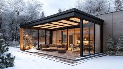 Modern winter patio with snow-covered trees