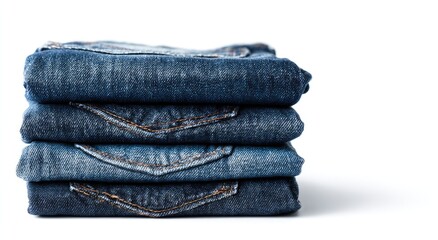 Stacked blue jeans on white background