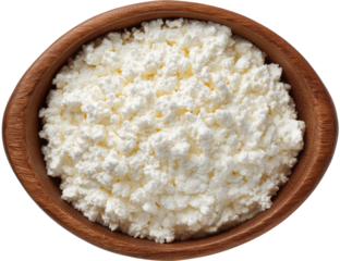 Creamy cottage cheese in a wooden bowl