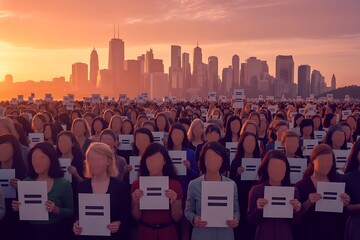 Obraz premium Powerful crowd advocating for equality with signs at stunning sunset city skyline backdrop creating social impact