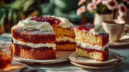 Slice of Victoria Sponge Cake with a Rich Berry Topping. The vibrant colors and clear focus on the layers make it perfect for articles or videos about baking tutorials, classic British desserts.