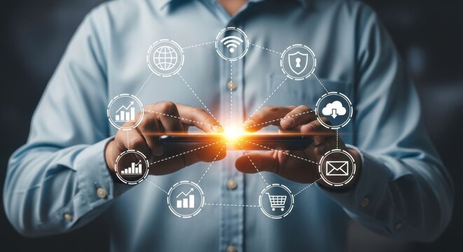 Person using a smartphone with glowing screen and digital icons floating around the device in a blue shirt