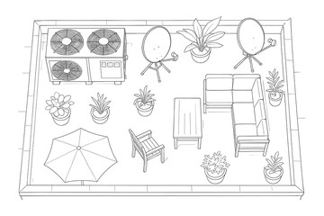 Fototapeta premium Architectural Outdoor Space Illustration: Terrace with Plants and Furniture Detail