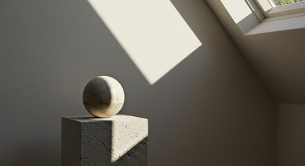 Minimalistic decor showcasing a stone sphere on a pedestal with shadows cast by sunlight
