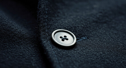 Close-up view of a black button on a minimalistic clothing fabric in soft lighting