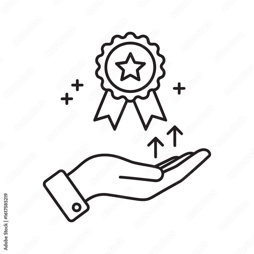 Poster quality improvement icon with hand holding a certified ribbon with upward arrows representing value 