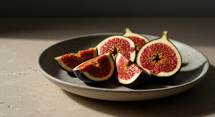 Slices of ripe figs arranged on a minimalistic plate in soft natural light