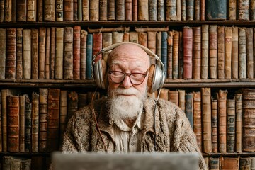 Serene Elderly Man with White Beard and Headphones Immersed in Sound Amidst Ancient Library Books