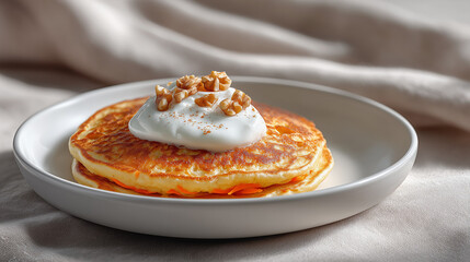 Fluffy Carrot Pancakes with Yogurt and Walnuts. This image is ideal for food blogs, recipe websites, and social media content related to breakfast, brunch, and healthy eating.