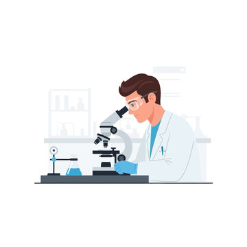 A scientist wearing safety glasses and gloves is using a microscope in a laboratory setting, conducting research or analysis.
