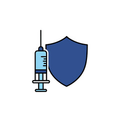 A blue syringe with needle next to a dark blue shield, representing health and protection.