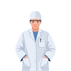 A man in a white lab coat and safety glasses, standing confidently.