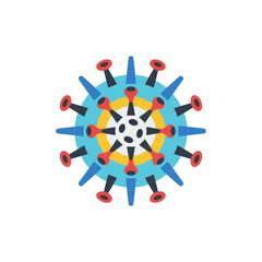 Colorful graphic representation of a virus particle, showing its structure with spikes.