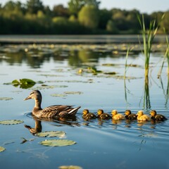 A brown mother duck is swimming in the lake with her babies