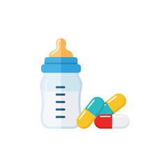 Happy baby bottle with assorted colorful pills and capsules.
