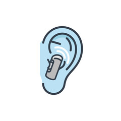 Illustration of a hearing aid fitting inside a human ear, showing sound waves.
