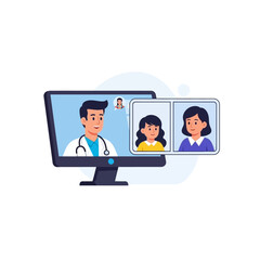 Online doctor consultation: physician video conferencing with two patients.