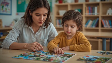 Fototapeta premium Two children are working together on a jigsaw puzzle.