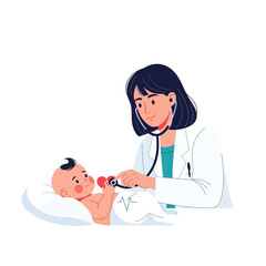 Pediatrician examining a baby with a stethoscope, providing healthcare.