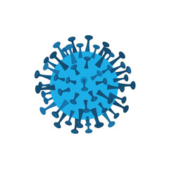 Illustration of a blue coronavirus particle, showing its spiky protein structures against white background.