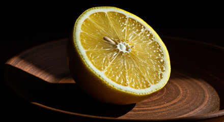 Sliced lemon on a wooden plate reflecting natural light in a minimalistic setting