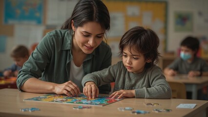 Fototapeta premium A woman and a child working together on a jigsaw puzzle.