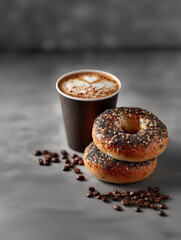 Freshly Baked Bagels and a Latte in a Cardboard Cup. Ideal for social media posts, magazines, or websites about morning routines, city life, or cozy moments.