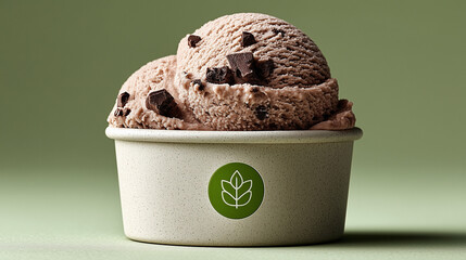 Gourmet Chocolate Ice Cream with Chocolate Chunks in a Container. Perfect for blogs or magazines focused on summer treats or food trends.