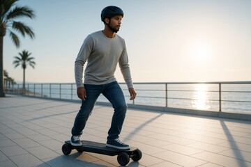 Young man riding electric skateboard near ocean at sunset, wearing helmet and casual clothes, enjoying outdoor hobby on modern promenade path. Ai generative