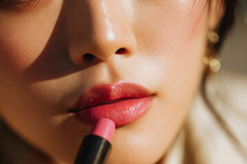 Close-up of a Woman Applying Bright Pink Lipstick in a Well-Lit Indoor Setting With a Soft Background