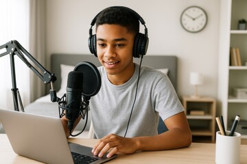 Teen recording podcast at home with headphones and microphone, expressing hobby and leisure activity in a bright cozy interior background concept. Ai generative