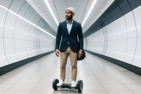 Confident man in business attire riding hoverboard through futuristic corridor with dynamic lighting and modern background concept.. Ai generative - Powered by Adobe