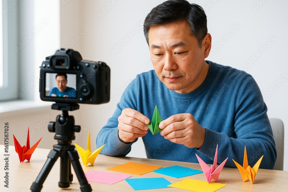 Poster man filming origami tutorial at home using camera on tripod, colorful paper cranes on table, engagin