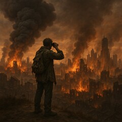 Survivor Observing a Burning City from a Hill – End of Civilization