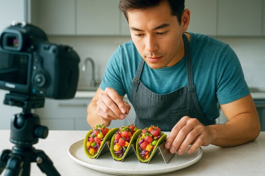Food blogger styling colorful tacos for photography in a kitchen setup with soft natural light, showcasing hobby and culinary presentation concept. Ai generative - Powered by Adobe