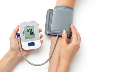 Close-up of hands operating a digital blood pressure monitor, with a reading of 120/80 displayed, symbolizing health awareness, prevention, and medical care.