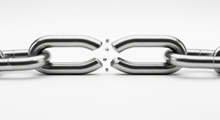 A stark, close-up image of a metallic chain with a broken link, symbolizing weakness, failure, vulnerability, and disruption. 