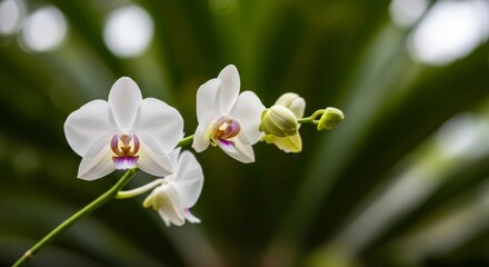Elegant white orchid blooms with delicate purple markings and buds on soft green bokeh background. Perfect for spa, wellness, and nature themes.