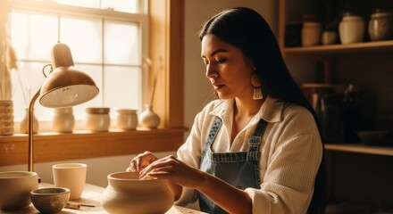 A focused young woman with long hair diligently shaping a clay pot in a sunlit pottery studio, embodying craftsmanship and creative passion. Perfect for art, hobby, and small business themes.