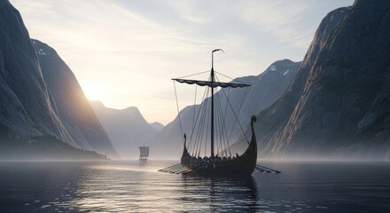 Ancient Viking longship navigating through dramatic fjord landscape with towering mountains and misty atmosphere during golden sunrise light.