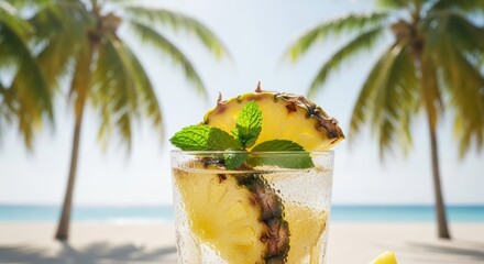 Refreshing pineapple cocktail with fresh mint garnish against blurred tropical beach and palm trees. Perfect for summer drinks and vacation themes.