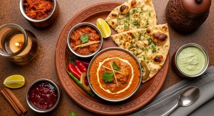 Authentic Indian meal featuring creamy curry, fresh naan bread, colorful chutneys and traditional copper serving dishes with spices and tea.