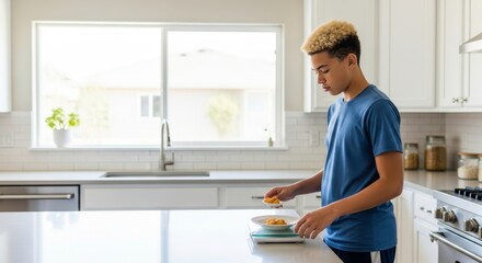 Teenager using digital kitchen scale to measure food portions in modern white kitchen. Ideal for healthy eating, diet planning, and nutrition concepts.