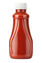 A simple red plastic bottle of tomato ketchup stands upright with a white cap, isolated as a transparent PNG object.