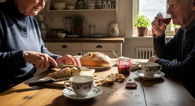 Elderly couple enjoying breakfast with bread and jam at home