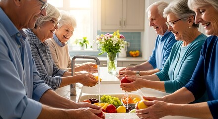Senior adults preparing fruits together in a bright kitchen  