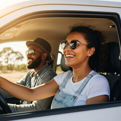 Young Black Couple on Road Trip &ndash; Driving Through Countryside, Summer Vacation Vibes, Freedom and Happiness Lifestyle